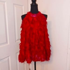 Red blouse peekaboo shoulder